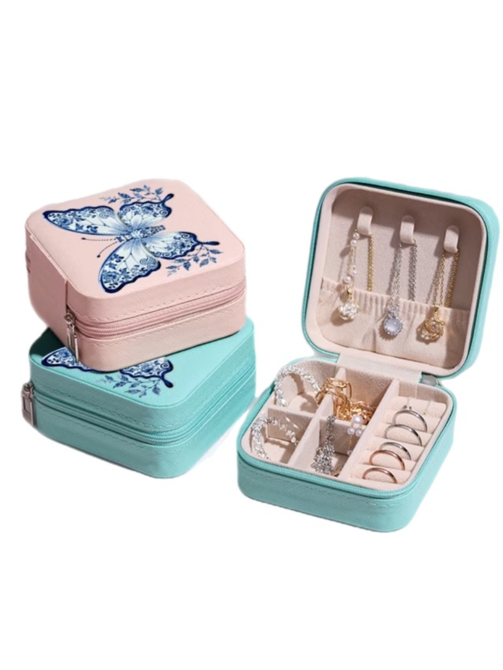 Butterfly Travel Jewelry Case in mint green.